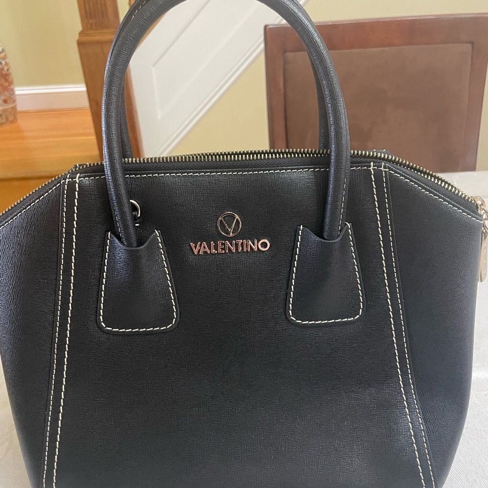 Valentino Black Leather Satchel with Contrast Stitching and Gold Logo
